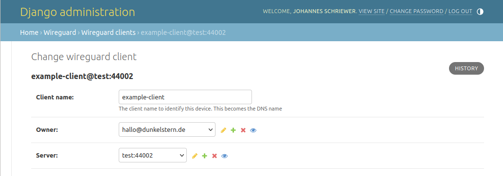 Screenshot of Django Administration Page for Client basic settings