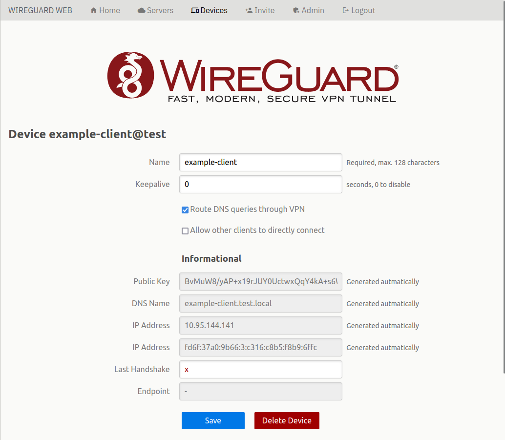 Screenshot of Web UI for client settings