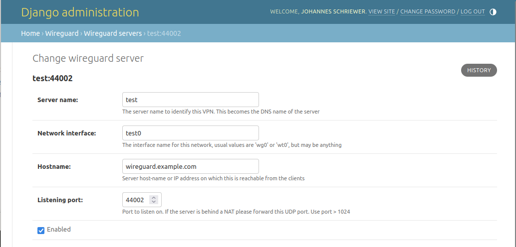 Screenshot of Django Administration Page for Server basic settings