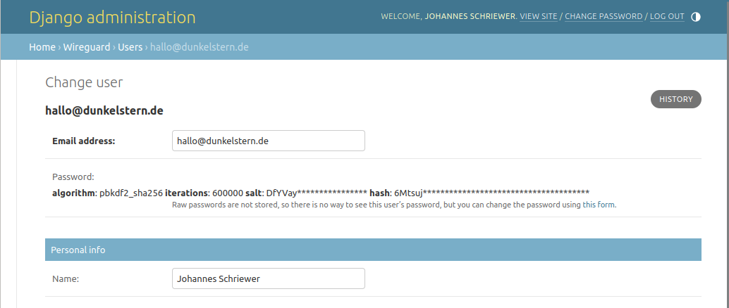 Screenshot of Django Administration Page for User settings