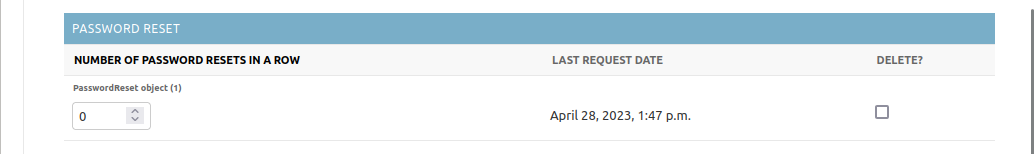 Screenshot of Django Administration Page for Password reset ratelimiting