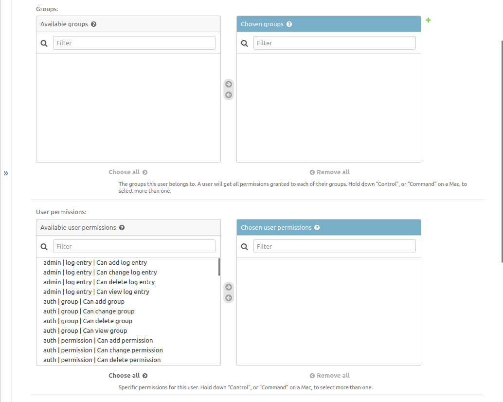 Screenshot of Django Administration Page for advanced User permissions