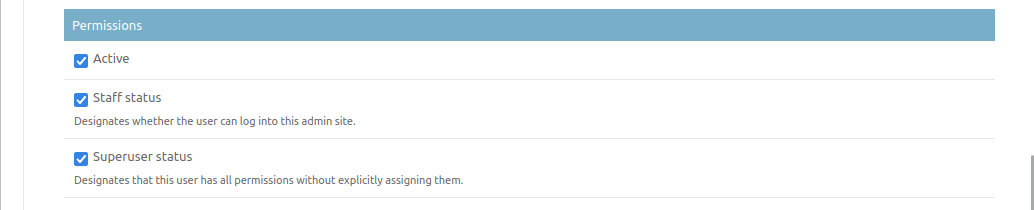Screenshot of Django Administration Page for User permissions